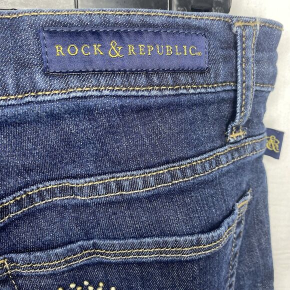 ROCK & REPUBLIC Jeans Denim Low Rise Rhinestone Pockets Womens 6 Dark Wash Blue - Picture 9 of 12
